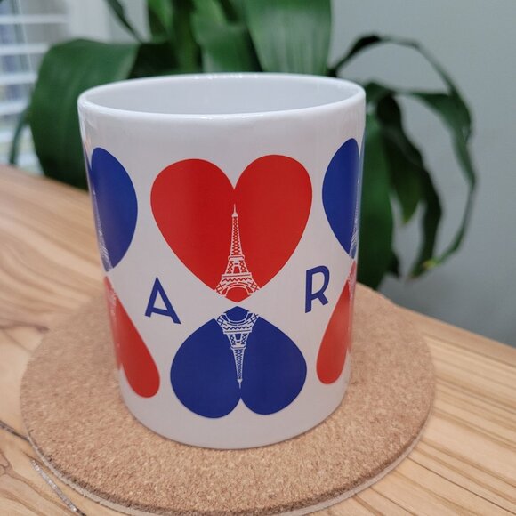 Paris France Eiffel Tower Coffee Mug With Hearts 10 oz Blue Red - Picture 3 of 5